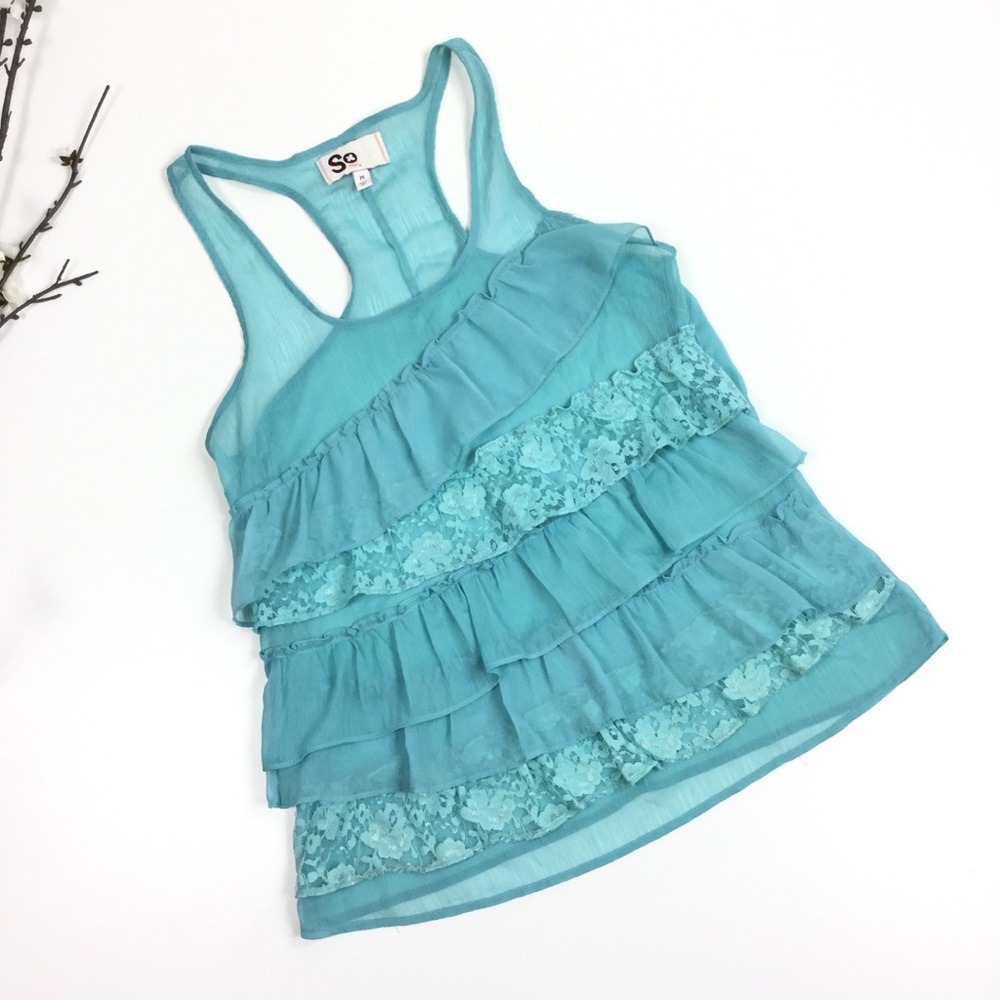 SO Aqua Blue Sleeveless Tank Top Fringe Sheer Long